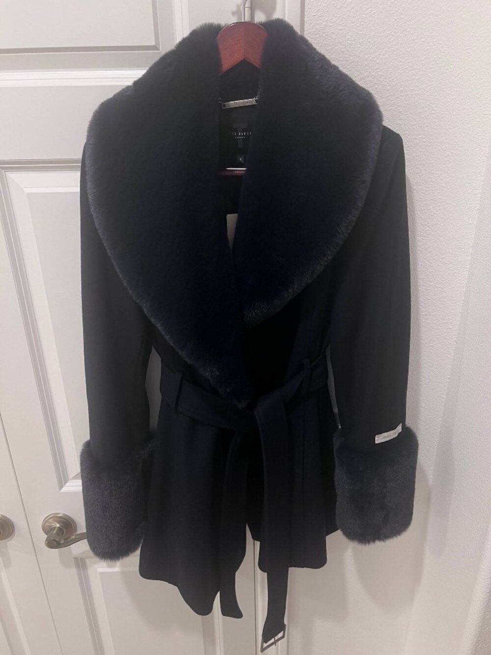 TED BAKER Loleta Faux Fur Collar Belted Coat